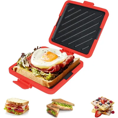 Produktbild von Sandwichmaker Mikrowellen, Silikon Sandwichtoaster 16 x 14 cm, Kontaktgrill Abnehmbare Platten und Silikonschale, Plattengriller zum Bacon Sandwich
