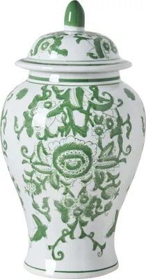 Produktbild von BELIANI Blumenvase mit Deckel Weiß u. Grün Porzellan 37 cm Hoch Groß Gewölbt Handgemacht Chinesische Deckelvase Urnenvase Keramikvase Bodenvase