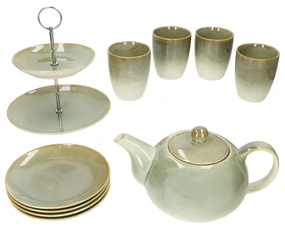 Produktbild von 10tlg Teeset Scones Grün Etagere Kanne Becher Teller Teeservice Geschenk