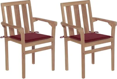 Produktbild von HOMMIE© Outdoor-Stuhl ,2er Set Gartenstühle mit Weinroten Kissen Teak Massivholz Relaxsessel Armlehnstuhl & schlichten Design