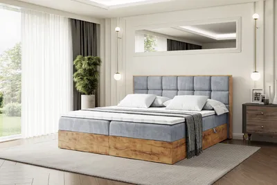 Produktbild von ALTDECOR Boxspringbett LOLLI2 mit Multipocket-Matratze, Kopfteil und Bettkasten mit Eiche Holz   180x200 Grau Samt