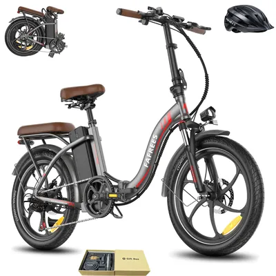 A gray folding electric bicycle with brown accents, shown with a helmet and a gift box of accessories.