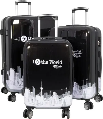Produktbild von Hartschalen Reise Kofferset Trolleyset mit Dehnfalte (Gr. L+XL) und Motiv Fly the World Schwarz - Gr. M, L und XL