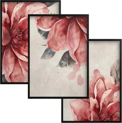 Produktbild von Bilder für die Wand Poster in schwarzem Rahmen Set für das Schlafzimmer Rosa Blumen