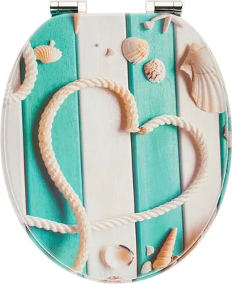 A toilet seat with a beach-themed design featuring a rope heart, seashells, and a wooden plank background.