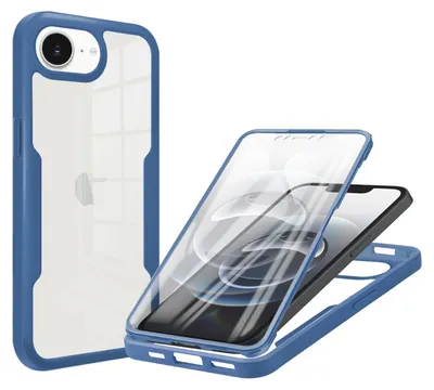 A blue and transparent phone case is shown, with a phone inside the case, and another phone case is shown separately.