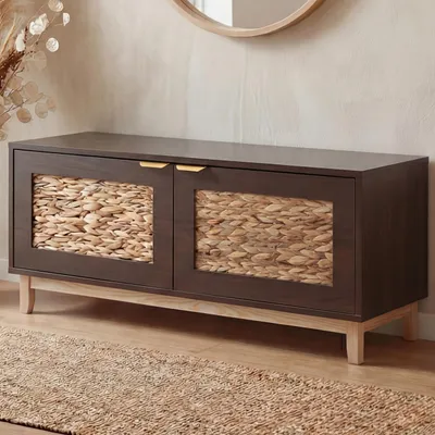 Obrázok produktu pre Lavica HWC-P54, šatníková lavica, botník, MDF melamín, predná časť z vodnej hyacinty, 45 x 100 x 42 cm ~ vzhľad orechového dreva