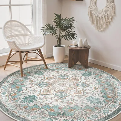 Produktbild von Runder Vintage Teppich 160 cm, waschbar, rutschfest, für Schlafzimmer und Kinderzimmer, in Vintage Türkis