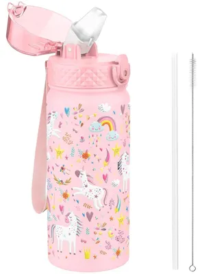 Image de Bouteille d'eau pour enfants, 550 ml, en acier inoxydable, avec paille et couvercle anti-fuite, sans BPA, motif licorne rose
