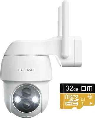 Image de COOAU 2K caméra de surveillance extérieure batterie avec carte SD 32G, PTZ 355°|90° caméra sans fil extérieure avec vision nocturne couleur 15m, détecteur de mouvement PIR, détection de personnes/voitures, audio 2 voies, fonctionne avec Alexa, IP66