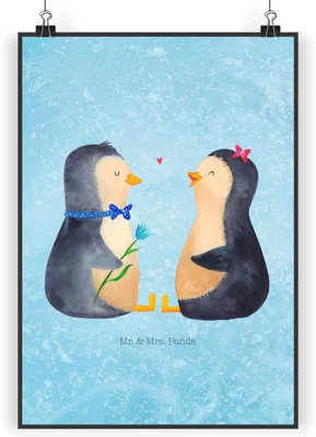 Produktbild von Mr. & Mrs. Panda Bild Pinguin Pärchen DIN A5 - Eisblau - Geschenk, Hochzeit, Hochzeitstag, Liebe, wanddeko, kunstdruck poster, Wandbild, Verknallt, drucke