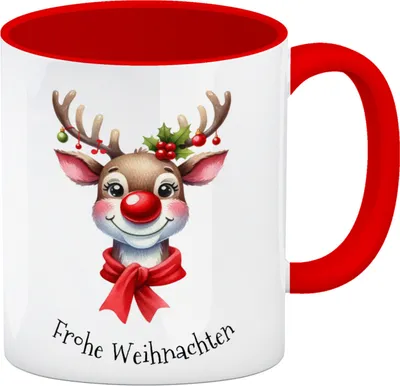 Produktbild von Rentier Kaffeebecher in rot und Spruch Frohe Weihnachten