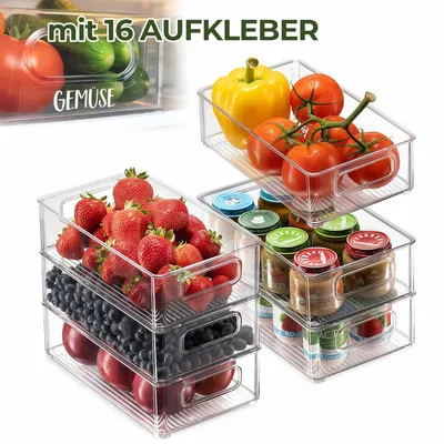 Obrázok produktu pre Sada 6 ks organizérov do chladničky, s 16 nálepkami, úložná krabica, organizér do chladničky, stohovateľná krabica do kuchyne, chladničky, skríň