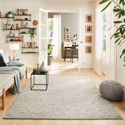 Produktbild von Steffensmeier Handwebteppich Rellenbach | Wolle (Schurwolle), gewalkt, Grau, handgewebt, Größe: 250x290 cm Wohnzimmer und Schlafzimmer