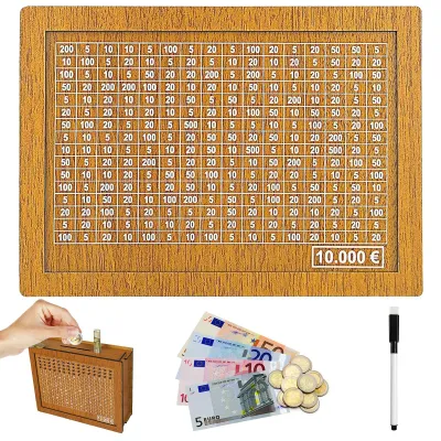 Produktbild von Spardose aus Holz, wiederverwendbares Sparschwein, Aufbewahrungsbox im Retro-Stil mit Sparziel und Zahlen zum Abhaken, für Erwachsene und Kinder.