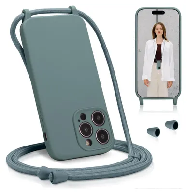 Produktbild von Conie Schutzhülle mit Handykette für iPhone 16 Pro Max Silikon Band Case Schnur Kamera Schutz Cover Hülle in Dunkelgrün