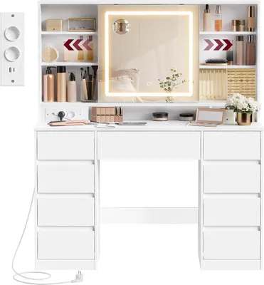 Immagine prodotto di Comò con specchio - Tavolino da trucco - Ideale per il trucco - Illuminazione LED regolabile - Larghezza 110 cm - Bianco