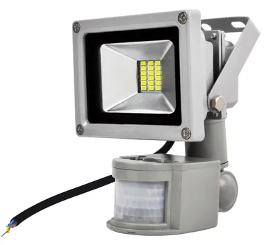 A motion-activated LED floodlight with a sensor.