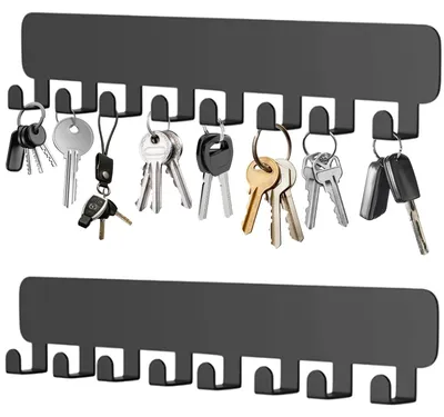 Produktbild von 2 Schlüsselanhänger mit 8 Haken, selbstklebend, kein Bohren erforderlich, schwarz