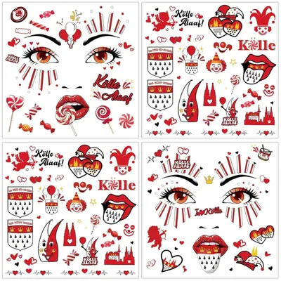 Image de Tatouages temporaires pour le visage, thème carnaval de Cologne, 4 feuilles, motifs cœur rouge et blanc, clown, autocollants pour femmes, hommes et enfants
