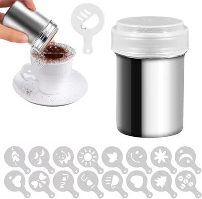 Produktbild von 1-teiliger Pulverstreuer aus Edelstahl mit 16 Kaffee-, Puderzucker-, Mehl- und Schokoladenstreuer für Gewürze, Kakao und Cappuccino