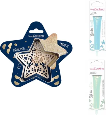 Produktbild von Stern-Relief-Plätzchen-Set + 2 pastellblaue und wassergrüne Schokoladenstifte