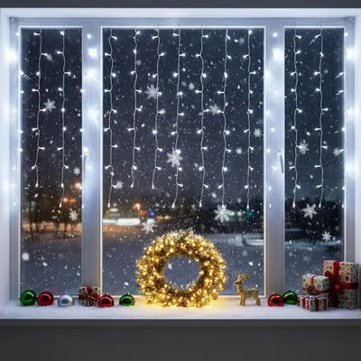 Productafbeelding van LED-lichtketting, ijsregen-effect, voor buiten gebruik. 8 lichtmodi, timerfunctie, spatwaterdicht, 2 meter, 100 LED's, koelwit