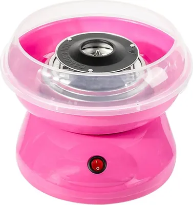 A pink cotton candy maker with a clear plastic lid is shown against a white background.