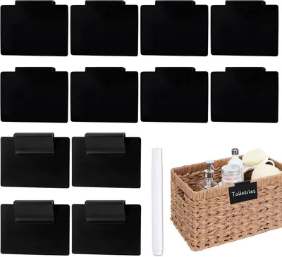 Productafbeelding van Mand label - Set van 12 - Verwijderbare zwarte PVC clip op labels - Plank etiketten clips met witte marker