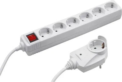 Image de Multiprise Meister à 6 prises, avec prise supplémentaire - câble de 2 m - blanc - IP20 (usage intérieur) - interrupteur / répartiteur d'alimentation / multiprise avec protection contre les surtensions