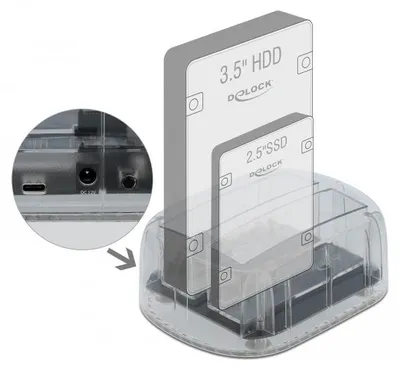 Imagen del producto de Estación de acoplamiento Delock, tipo USB-C, para 2 discos duros/unidades de estado sólido SATA, transparente