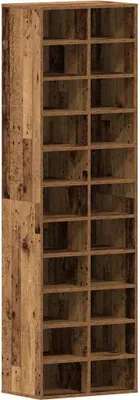 A tall, narrow wooden shelf unit with many compartments.