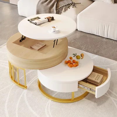 Produktbild von MODFU Couchtisch Wohnzimmertisch 2er Set für Wohnzimmer, Schlafzimmer Balkon, Beistelltisch Satztisch rund mit Metallrahmen, Weiß+ Holzfarbe(Großer Tisch mit klappbarem Couchtisch, kleiner Tisch mit zwei Schubladen)