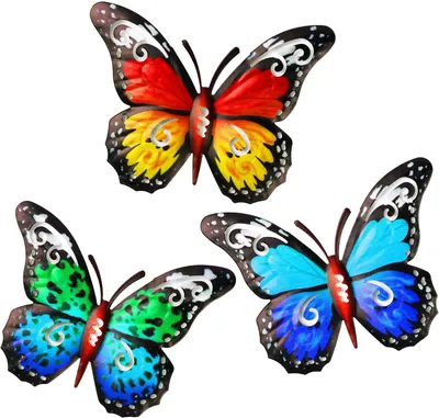 Imagen del producto de Decoración de pared metálica con mariposas, juego de 3 piezas, de colores variados, para jardín y balcón