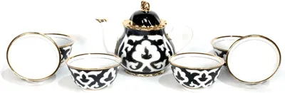 Produktbild von 7-teiliges Pahta-Gul-Teeservice aus Usbekistan mit Teekanne 0,9 l und 6 weiß-blau-goldenen Teeschalen aus Porzellan