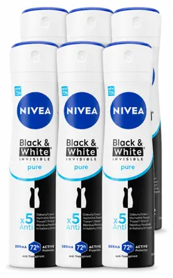 Imagen del producto de 6 aerosoles antitranspirantes NIVEA Black & White Invisible Pure, 150 ml, pack ahorro, 6 unidades