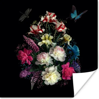 Produktbild von MuchoWow® Poster Blumen - Schmetterling - Stilleben 100x100 cm - Babyzimmer