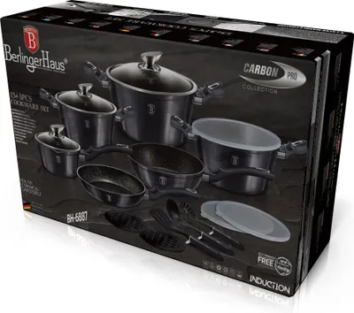 A product box for a cookware set, displaying various pots and pans.