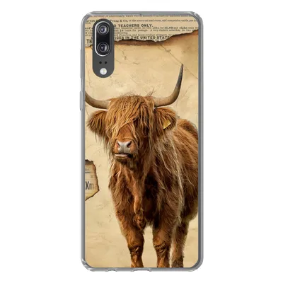 Produktbild von MuchoWow® Handyhülle Schutzhülle Hülle für Huawei P20 Schottischer Highlander - Retro - Zeitungsartikel Silikon Softcase Handy Hülle - Hardcover