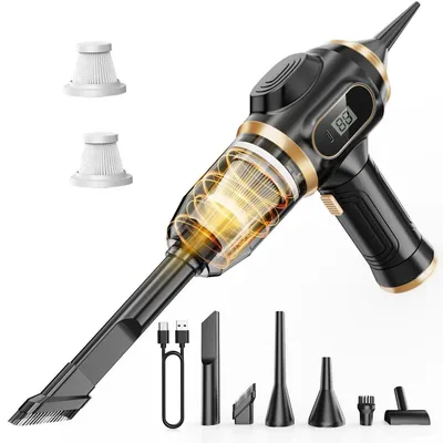 Image de Aspirateur de voiture portable sans fil, rechargeable, avec écran LCD et plusieurs embouts, de couleur noire
