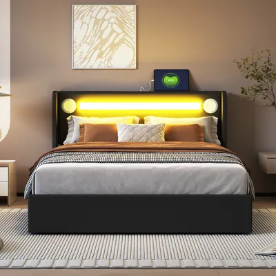 Produktbild von Flieks Polsterbett 140x200cm mit USB und Bluetooth-Player, Boxspringbett Doppelbett mit LED und Lattenrost, Stauraumbett Jugendbett, PU, Schwarz