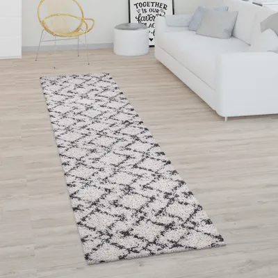 Produktbild von Hochflor Teppich Wohnzimmer Shaggy Langflor Modernes Boho Skandi Rauten Muster Grösse 80x300 cm