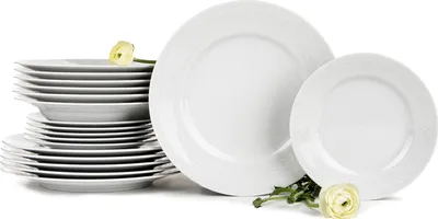 Obrázek produktu pro Konsimo jídelní servis pro 6 osob (18 ks) "AMELIA", bílá, porcelán, elegantní, 19 cm / 26 cm / 23 cm