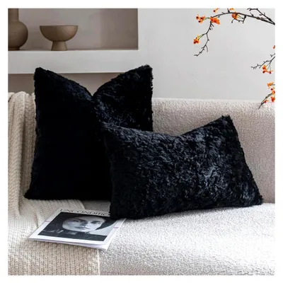 Produktbild von 2er Set Kissenbezüge aus Kunstpelz für Couch und Sofa, 45 x 45 cm, Schwarz