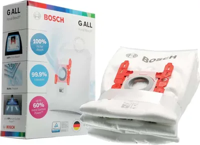 A Bosch vacuum cleaner bag box with a stack of vacuum cleaner bags next to it, against a white background.