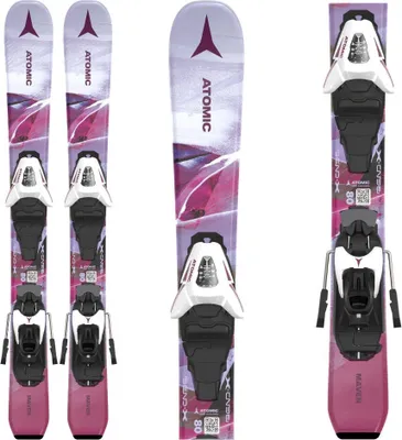 A set of skis with bindings, presented from different angles.