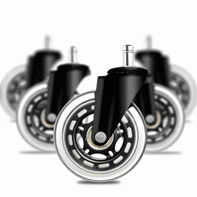 A group of office chair casters are arranged in a row, with the front caster in sharp focus and the others blurred.