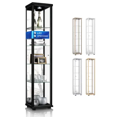 Immagine prodotto di K-Möbel Vetrina in piedi in nero (176x37x33 cm) con 4 ripiani in vetro regolabili in altezza, specchio e LED - Vetrina in piedi - Vetrina da collezione