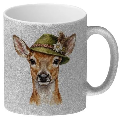 Produktbild von Reh mit alpenländischem Trachtenhut Glitzer-Kaffeebecher