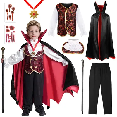 Vampierkostüm für Kinder, Halloween, mit Umhang & Zubehör, L